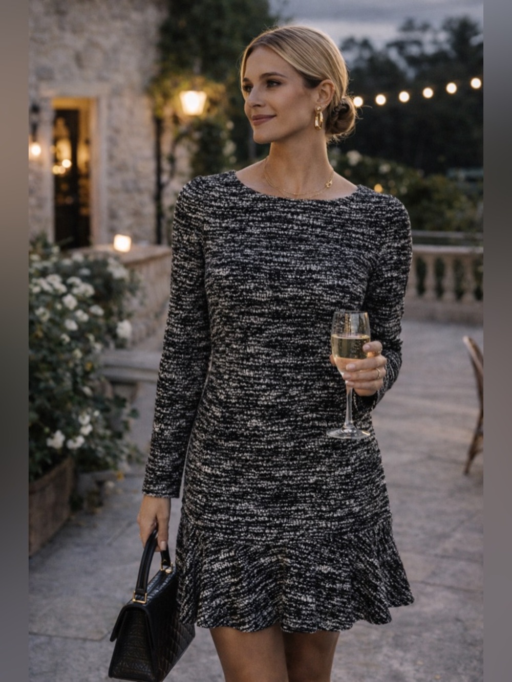 Banana Republic Black & White Textured Knit Dress ✨ Luxe Evening Chic Ruffle He